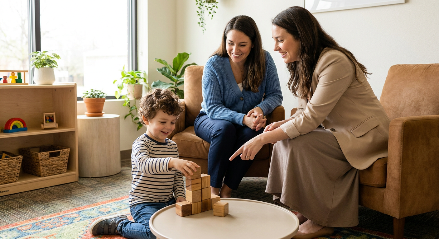 A young child around preschool age plays with wooden blocks at a small table in a warm, child-friendly room while two adult women sit nearby smiling and offering calm support.