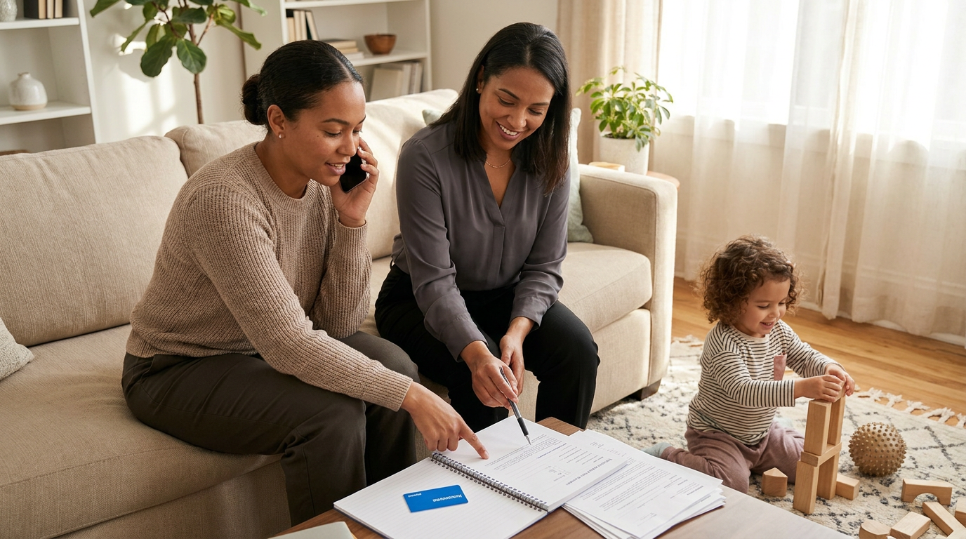 Two adult women sit in a bright home living room reviewing paperwork while one talks on the phone, and a preschool-aged child plays with wooden blocks on the rug nearby.
