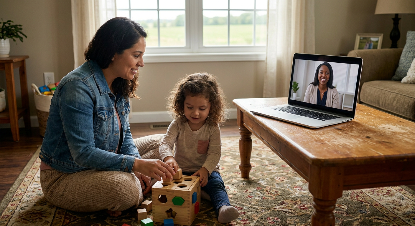 A mother sits on the floor with her child, about 4 years old, in a cozy living room, helping with a wooden shape-sorting toy while a smiling female therapist appears on a laptop during a telehealth ABA session; daylight and open fields are visible through the window.