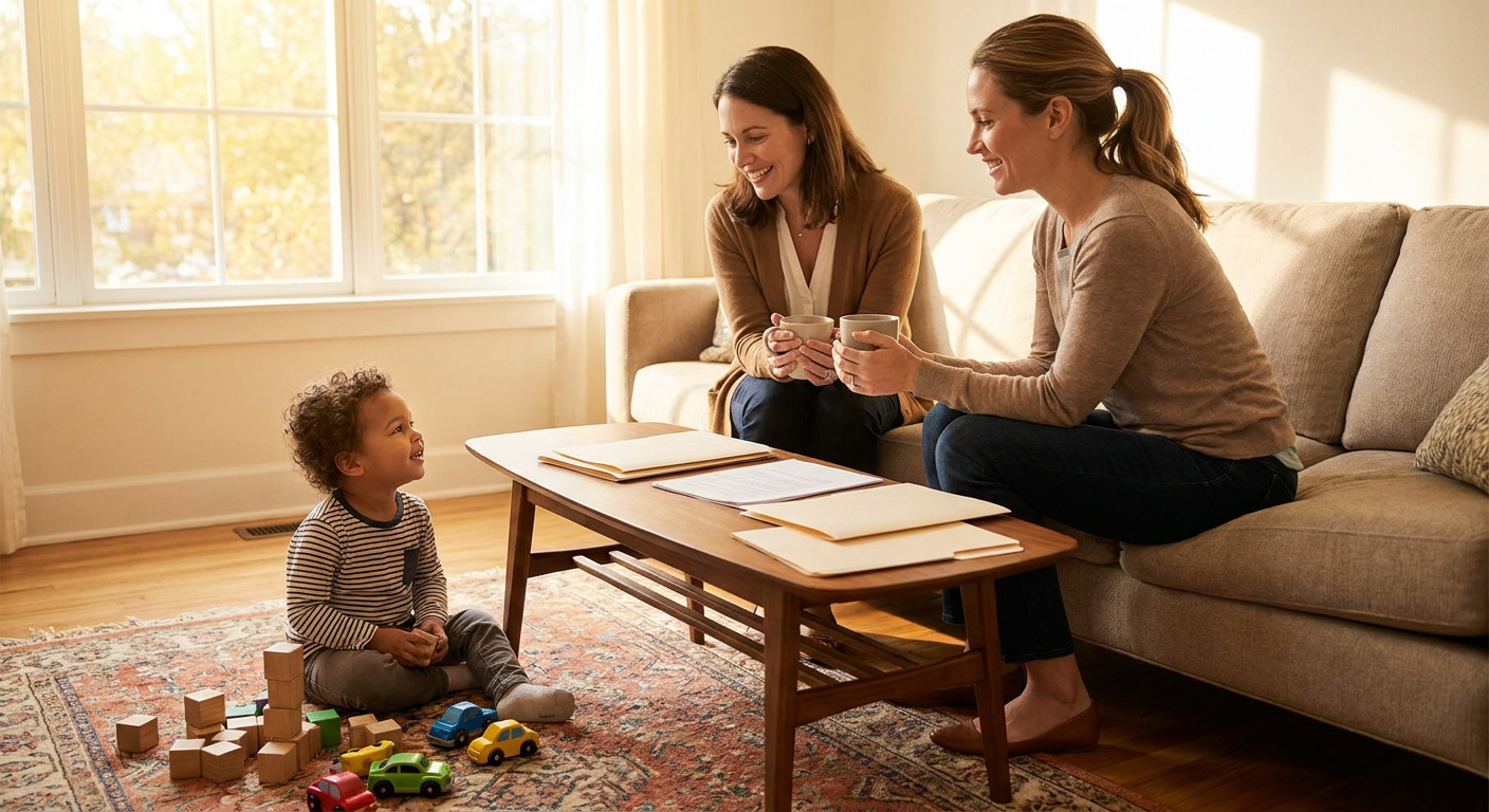 A young child around 3–4 years old sits on a living room rug playing with wooden blocks and toy cars while two adult women sit on a couch beside a coffee table with folders, smiling toward the child in a warm, sunlit home setting.