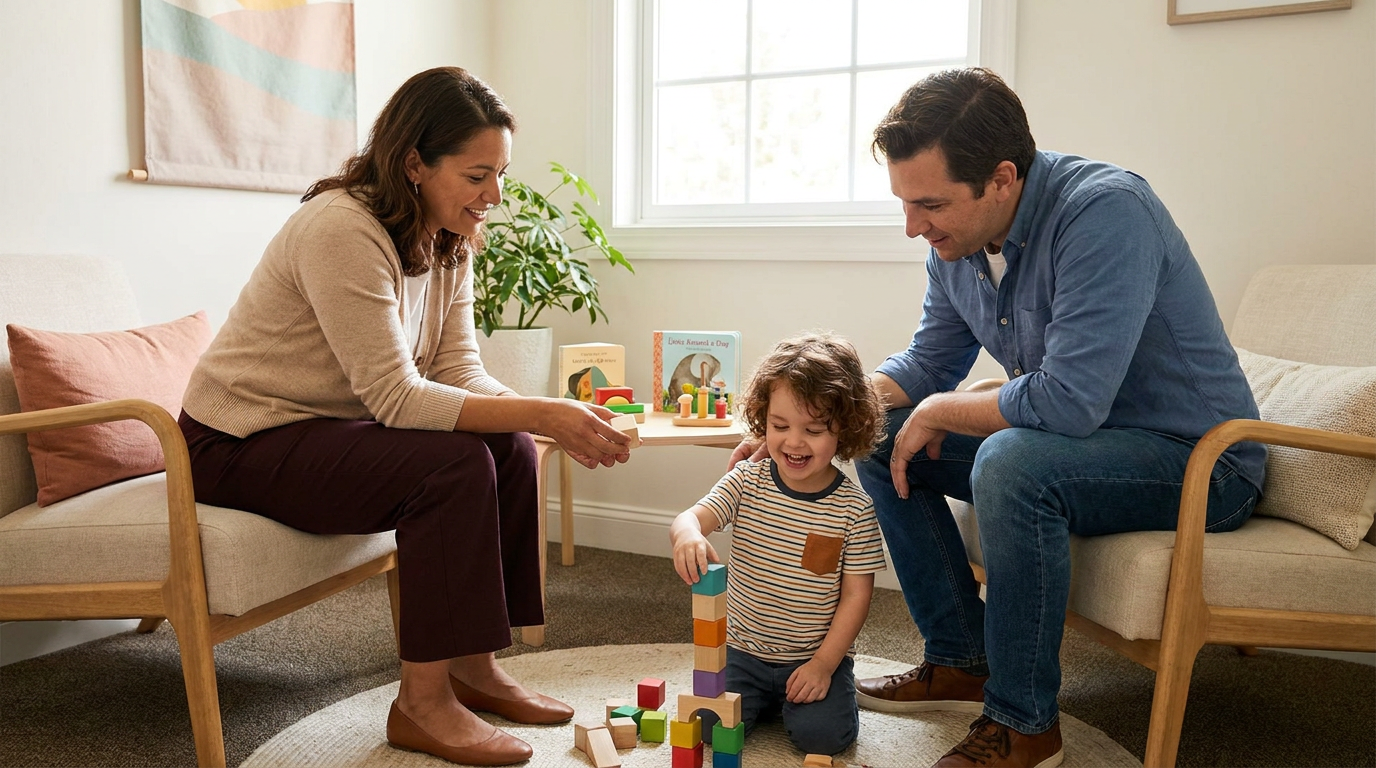 A young child around preschool age smiles while stacking colorful blocks on a rug in a warm, bright room, with a female therapist and a parent seated nearby and watching supportively.