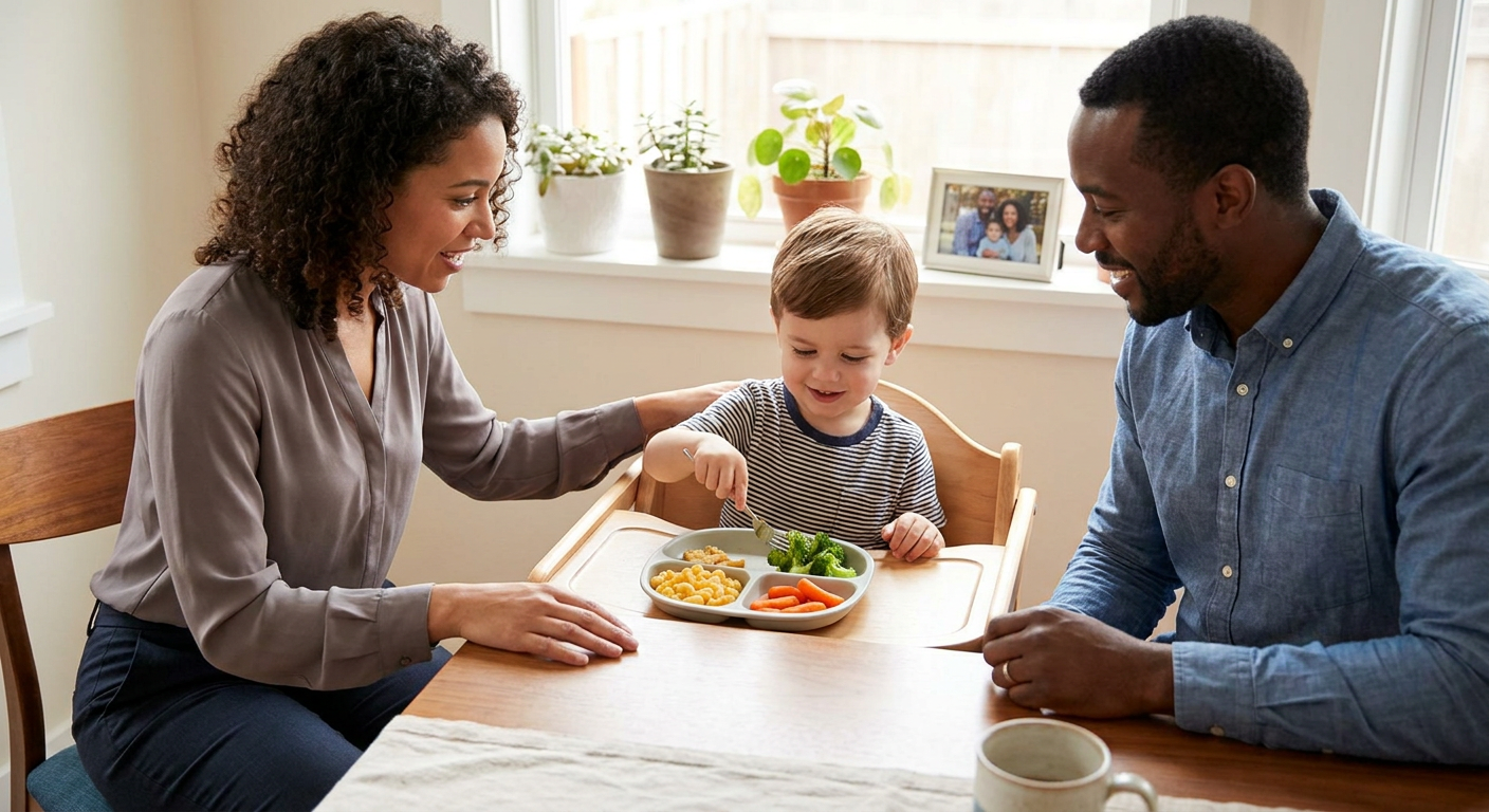 A smiling toddler about 3–4 years old sits at a warm home dining table, exploring separate foods on a divided plate while two supportive adults sit nearby and encourage him during a calm mealtime.