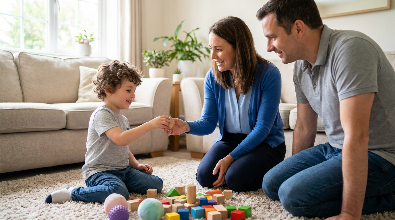 Young boy around 4 sits on a living room rug playing with colorful wooden blocks while a female therapist in a blue cardigan and a smiling father kneel nearby in a bright, cozy home setting.