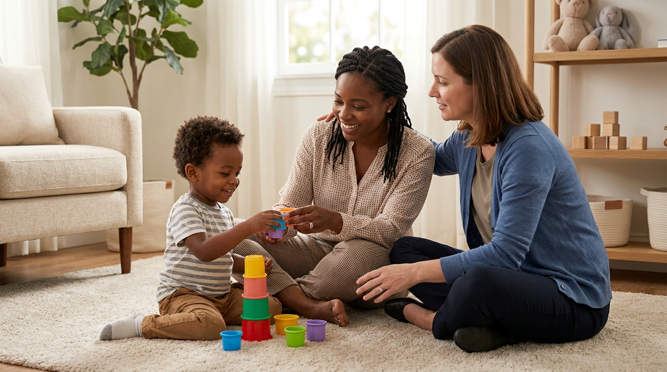 A young boy about 3 to 4 years old sits on a living room rug stacking colorful cups while his mother and a female therapist sit beside him smiling and supporting the play activity in a warm, softly lit home-like setting.