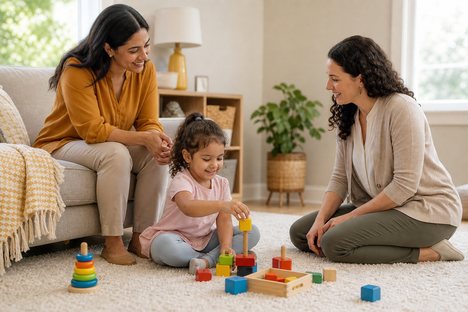 A female therapist kneels beside a smiling preschool-age child playing with colorful toys on a rug while the child’s mother sits nearby in a bright, cozy living room, watching and talking with the therapist.