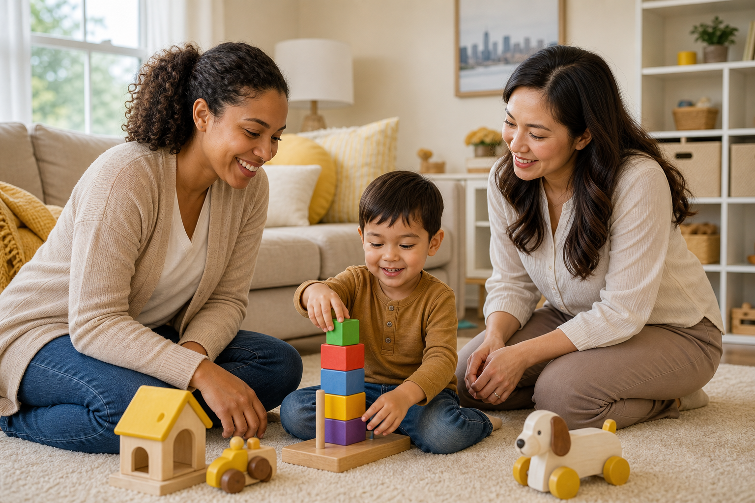 A preschool-aged child sits on a living room rug stacking colorful blocks while a parent and a female therapist kneel nearby and engage warmly in a bright, cozy home setting with soft seating and simple toys.