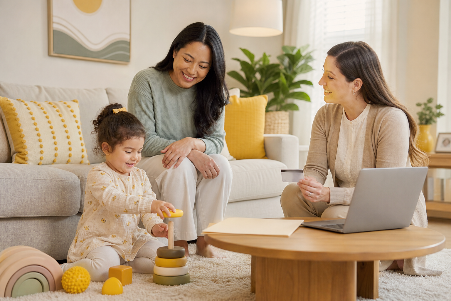 A preschool child plays with colorful stacking toys on a rug in a warm living room while a parent and a female care coordinator sit nearby with a laptop and folder, talking together with calm, supportive expressions.