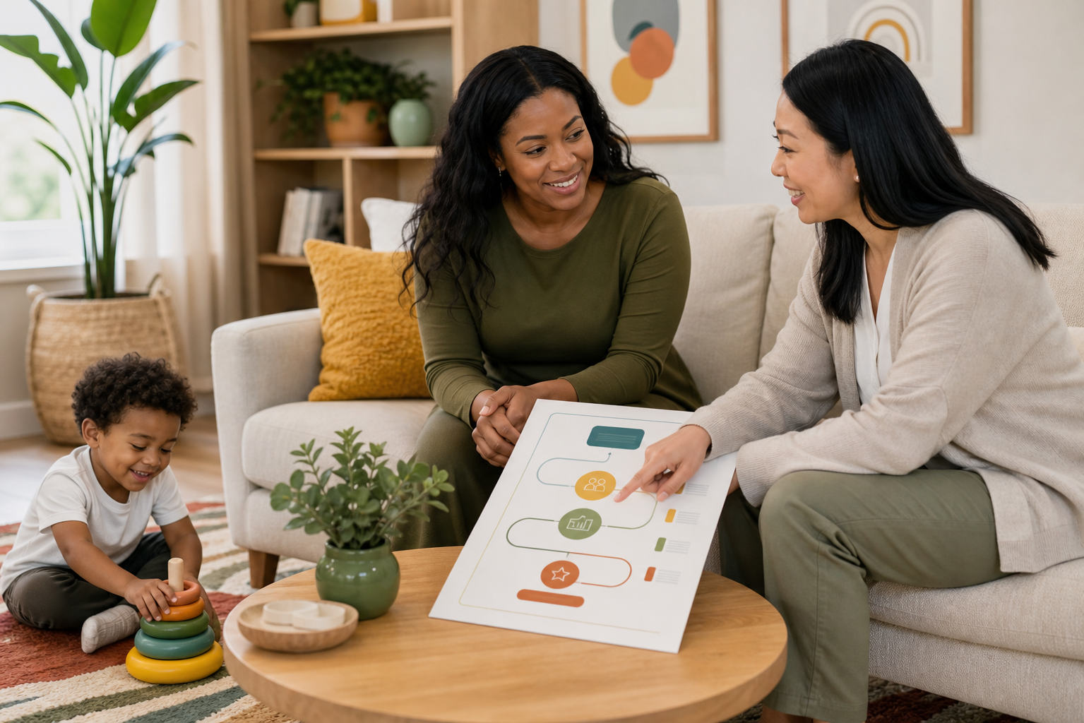 A Black mother and an Asian female BCBA sit together in a colorful living room, smiling as they discuss a simple abstract visual assessment roadmap while a calm four-year-old child plays with stacking rings on a rug nearby.