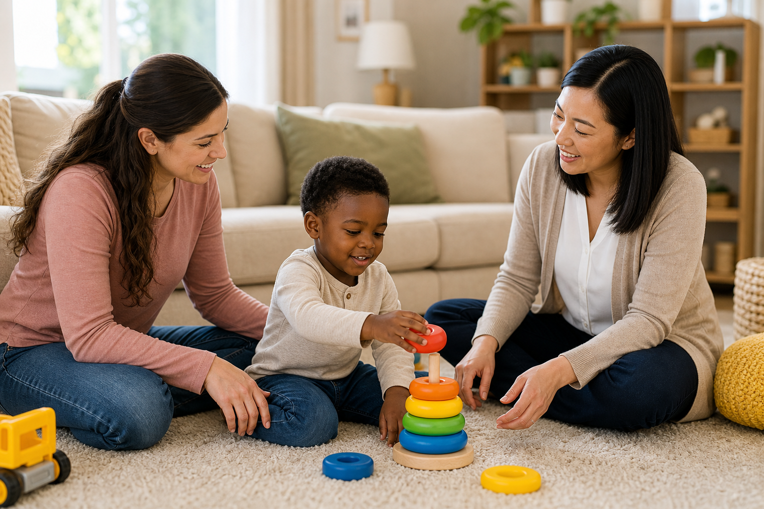 A preschool-aged child about 4 years old takes turns with colorful stacking rings beside a female ABA therapist in a bright living room while an adult caregiver smiles nearby.
