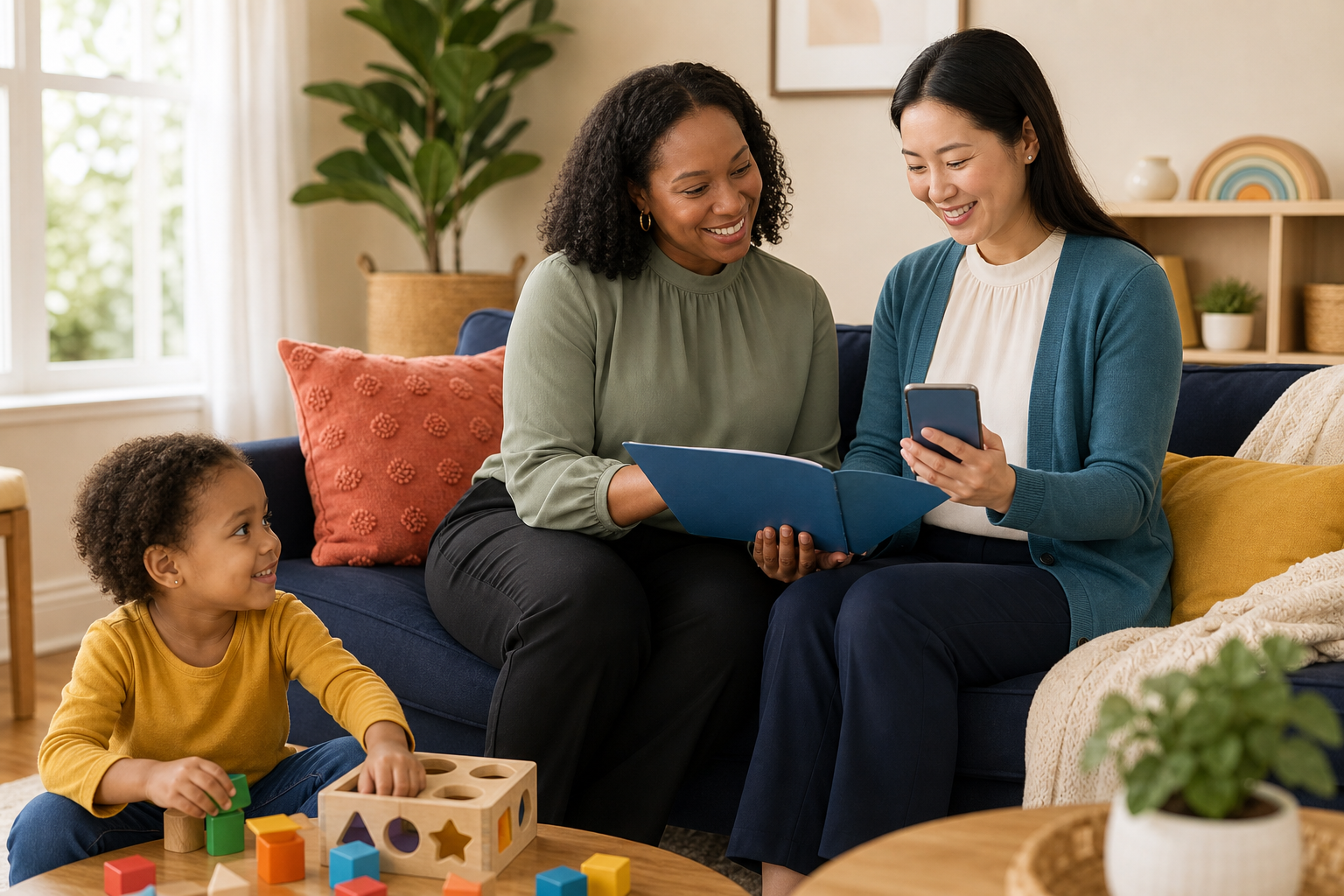 A preschool-aged child plays with colorful wooden blocks in a bright home lounge while a mother and female ABA therapist calmly review a blue folder and phone nearby.